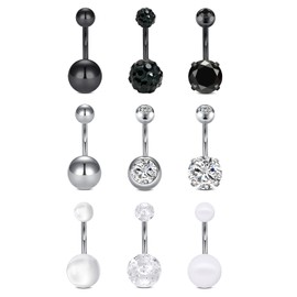 AceFun 14G Belly Bars Belly 10mm Button Bars Navel Ring Barbell Piercings Black and Silver 9 Pcs 1.6mm