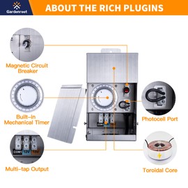 Gardenreet 75W Low Voltage Transformer with Mechanical Timer, Multi-Tap (120V AC to 12V/15V AC), Stainless Steel Shield for Outdoor Landscape Lighting, Spotlight, Pathway Light, Step Light(ETL Listed)
