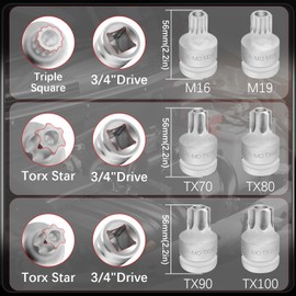 6PCS 3/4"Drive Torx Star & Triple Square Impact Socket Set, Cr-MO T100 T90 T80 T70 M18 M16 Impact Drive Allen Socket Kit, Remover Hand Repair Tool