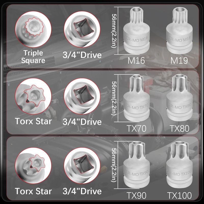 6PCS 3/4"Drive Torx Star & Triple Square Impact Socket Set,