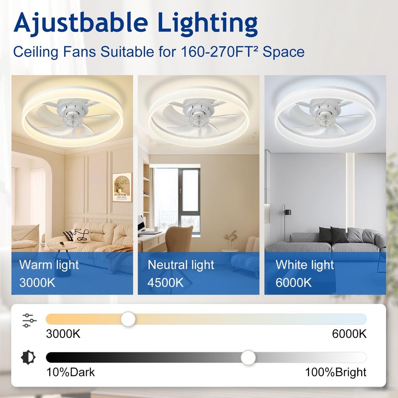 DLLT Modern Ceiling Fans with Lights: 20" Flush Mount Low