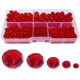 Chengmu 2-10mm Red Rondelle Glass Beads for Jewelry Making 710pcs Faceted Briolette Shape Crytal Spacer Beads Assortments Supplies Accessories for Bracelet Necklace with Cord
