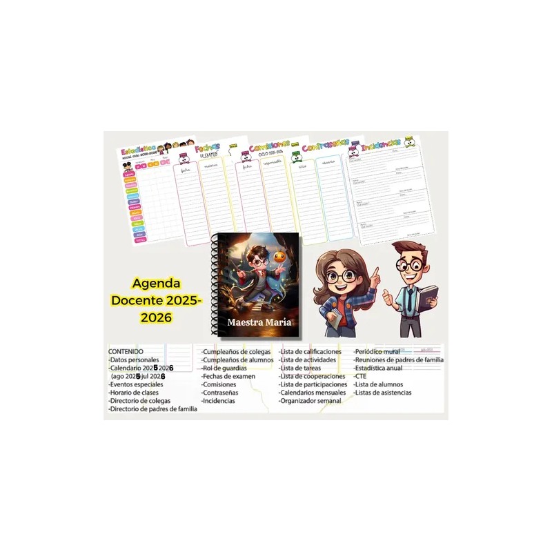 Agenda Escolar 26-27 Personalizada Maestra 2025 2026 17x21