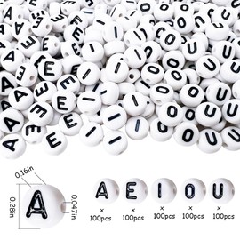 MIIIM 1000pcs Vowel Pony Letter Beads for Keychains Making (A, E, I, O, U), 4x7mm Round Letter Beads for Bracelets Making, Alphabets, Numbers (White and Black)