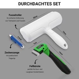FinoPet 3er Set Hundebürste, Katzenbürste, XL Fusselrolle und Zeckenzange im Aktionsset, Kurz- und Langhaar Bürste für alle Tiergrößen, Tierhaarentferner, Automatische Zeckenentfernung
