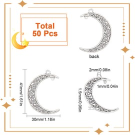 SUNNYCLUE 1 Box 50Pcs Moon Connector Charms Silver Crescent Moon Charm Witchy Connectors Alloy Retro Celestial Luna Link Charm for Jewellery Making Charms Supplies DIY Necklace Bracelet Earrings Women