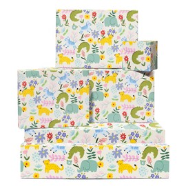 Safari Wrapping Paper - 6 Sheets Of Jungle Gift Wrap - Crocodile Elephant Cheetah Zebra - Floral Wrapping Paper For Girls - Recyclable - By Central 23