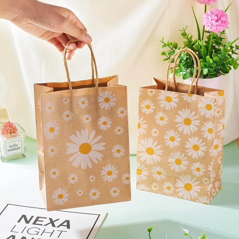 Cheriswelry 12Pcs Kraft Paper Bags Daisy Flower Paper Gift Bags