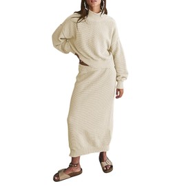 Pink Queen Women's Two Piece Sweater Skirt Set Knit Pullover Top Waffle Knit Maxi Dress Vacation Outfits Fall Apricot S