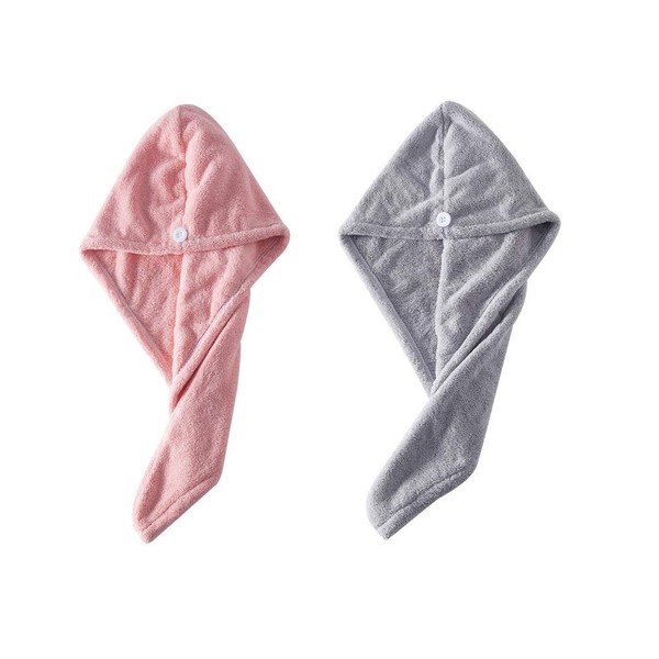 Microfiber Dry Hair Cap for Women 2 Pcs Hair Towel wrap Turban Drying Bath Shower Head Towel with Buttons Dry Hair hat Wrapped Bath Cap(Pink, Gray)