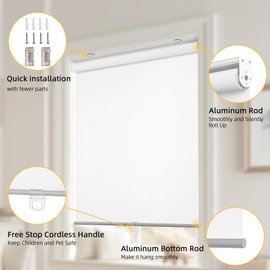 ChrisDowa Cordless Free-Stop100% Blackout Blinds for Windows, Roller Windows Shades with Thermal Insulated, UV Protection Fabric for Living Room, Office and Home. Easy to Install.White,50" W X 72" H
