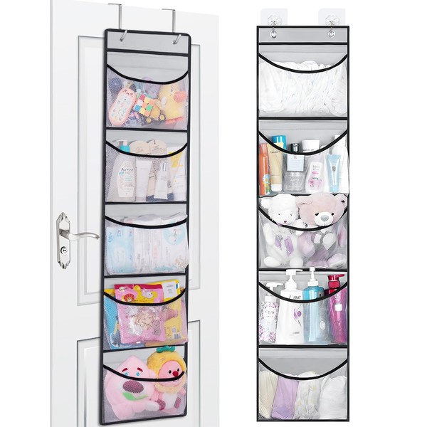 Hanging Storage Organizer Over the Door with 5 Large Pocket and 2 Metal Hooks, for Children's Room, Bathroom, Kitchen, Bedroom