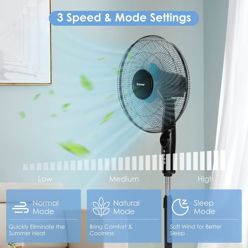 COSTWAY Pedestal Fan, 16-Inch Adjustable Height Fan, 3-Speed Digital Control,