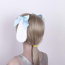 1Pair Blue Girls Bunny Plush Lop Ears Hair Clip Rabbit Furry Ears Ribbon Bow-knot Hair Clamp Hairpin Cosplay Headwear Easy Bunny Ears Hair Clips to Wear Ornaments,Costumes and Accessories