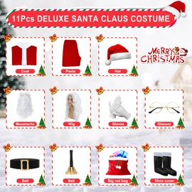 Mukum 11PCS Santa Claus Costume for Men Set, Professional Santa Costume Adult Men Santa Suit Outfit for Christmas with Santa Wig Hat Gloves Bell Red Plush Bag-XL