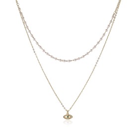 HZMAN 14K Gold Plated Layered Necklace for Women Dainty Gold CZ Evil Eye Pendant Necklace Adjustable Chain Choker Necklace Jewelry Gift, Brass, Cubic Zirconia