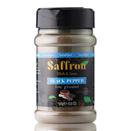 Saffron Herbs & Spices - Fine Ground Black Pepper in Easy-Dispense Tub, Kosher Certified, 160g/5.6oz – Bold, Aromatic Flavour, Perfect for Cooking, Seasoning, Soups, Sauces, and Garnishing