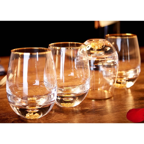 DUJUST Stemless Wine Glasses Set of 4 (14oz), Crystal Wine Glasses Decorated with 24K Gold Leaf Flakes, for Red & White Wine, Personalized & Unique Wine Sets Gifts for Women/Men- 4 pcs