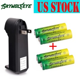 SkyWolfEye 4pcs SkyWolfEye 14500 Battery Rechargeable 3.7V 1200mAh Cell +USA Smart Charger