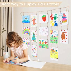 KLOGTSIND Kids Art Display Wall Decor, Wooden Beads Garland Frame Holder with 34 Clips for kids artwork, Photo, Wall Hanging Boho Room Bedroom Decor