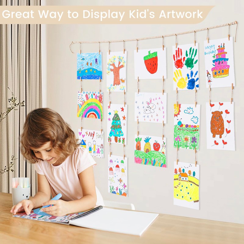 KLOGTSIND Kids Art Display Wall Decor, Wooden Beads Garland Frame