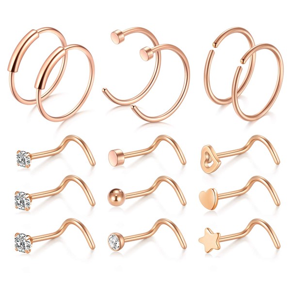 D.Bella 15PCS 20G Stainless Steel Nose Screw Nose Stud Nose