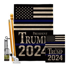 President Trump Thin Blue Line Burlap Garden House Flags Kit Patriotic Democrat Republican Tea Party United State American Election Small Gift Yard Banner Double-Sided Made In USA 28 X 40