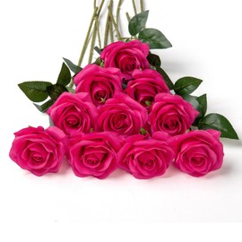 DuHouse DuHouse 10pcs Silk Roses Artificial Flowers Fake Rose for Arrangement Wedding Party Home Decoration (Fuchsia)