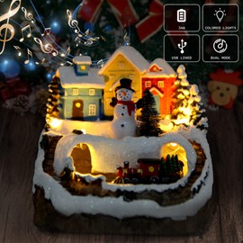 Christmas Decorations Village House Resin Collectible Building Figurines Revolving Train Musical Snow Globe 8 Music for Vintage Christmas Decor (Snow Man)