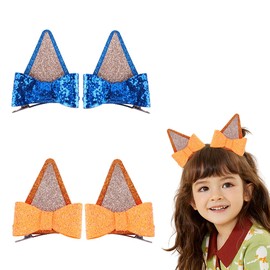Dream Aurora 2 Pairs Ears Hair Clips Dog Bluey and Orange Ears Hair Clips Glitter Bow Barrettes for Cosplay Costume Birthday Decorations Blue Party Supplies
