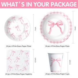Srua Don Pink Bow Birthday Decorations Supplies Girl, Bow Theme Coquette Birthday Decorations, Plate, Napkin, Cup, Tablecloth, Banner, Swirls, Cutlery, Pink Bow Party Decorations Tableware, Serves 24