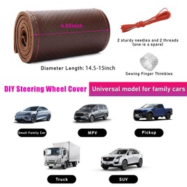 Ziciner Genuine Leather Steering Wheel Cover, Stitch on Wrap, Breathable Anti-Slip Car Steering Wheel Protector for Max Diameter 15 Inch, DIY Sewing with Needles Thread (Coffee, Hole)