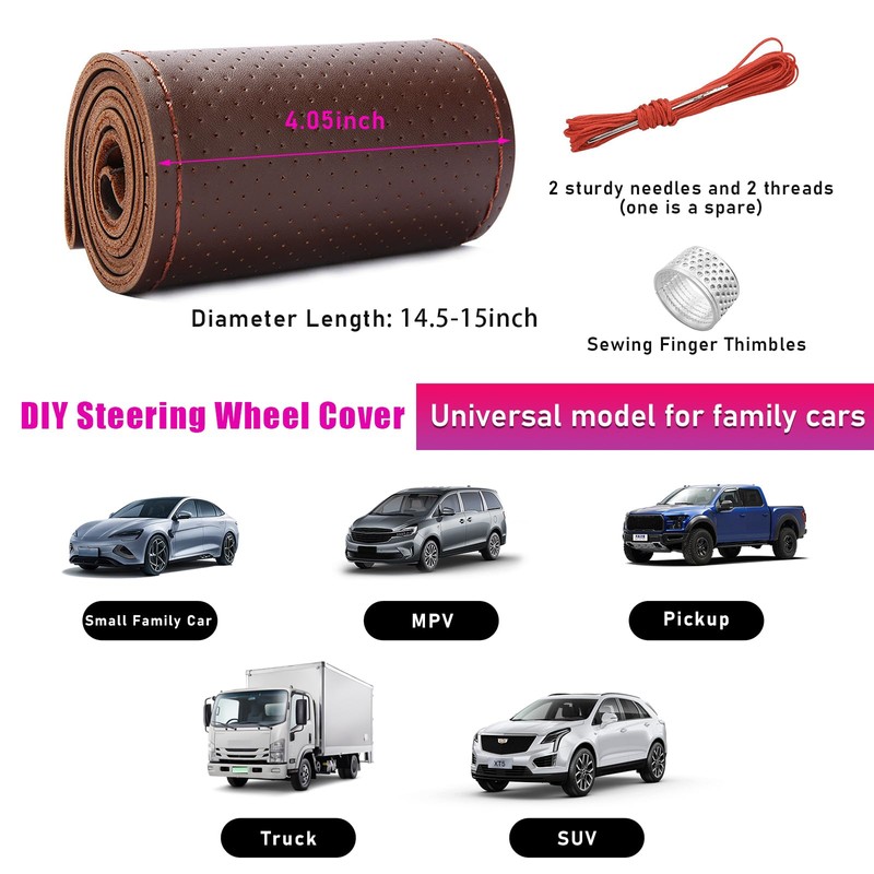 Ziciner Genuine Leather Steering Wheel Cover, Stitch on Wrap, Breathable