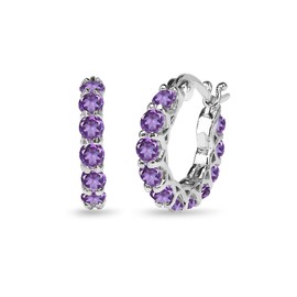 Sterling Silver Genuine, Simulated or Created Gemstone Small Round 18mm Huggie Hoop Earrings for Women, Sterling Silver, Amethyst