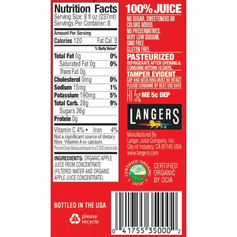 Langers 100% Organic Juice, Apple, 64 Fl Oz (Pack of
