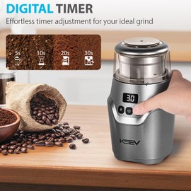 KSEV Digital Display Timer Electric Coffee Grinder, 150W Herb Grinder, Large Capacity Up to 12 Cups, Whisper Quiet, Safety Lock Feature, Removable Stainless Steel Cup for Spices, Herbs, Nuts (Silver)