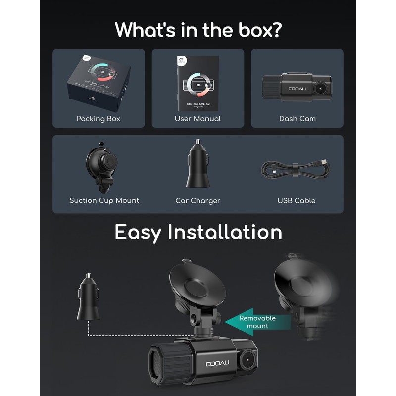 COOAU 2.5K Dual Dash Cam, Built-in GPS & Wi-Fi, 1440P