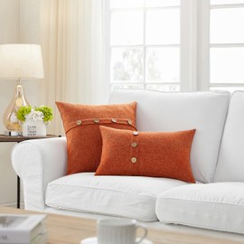 Meekio Set of 2 Burnt Orange Square Pillow Covers 12 x 20 Farmhouse Boho Pillow Covers with Coconut Buttons for Sofa Couch Living Room Bedroom Farmhouse Décor for The Home