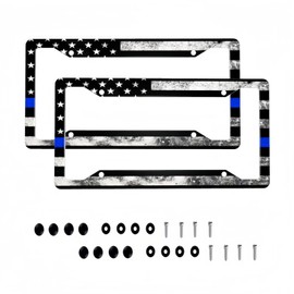 Thin Blue Line American Flag License Plate Frame - 2 Pack Patriotic Vintage Flag License Plate Holder，Metal Front/Rear Car Tag Cover with Screws，Decorative Police Support Accessory for Women Men