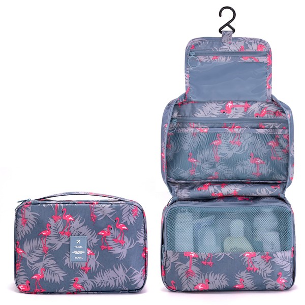 Hanging Travel Toiletry Bag, Ginsco Makeup Cosmetic Bag for Women, Portable Water Resistant Toiletries Bag for Travel, Makeup Organizer with 3 Compartments & 1 Sturdy Hooks Flamingo