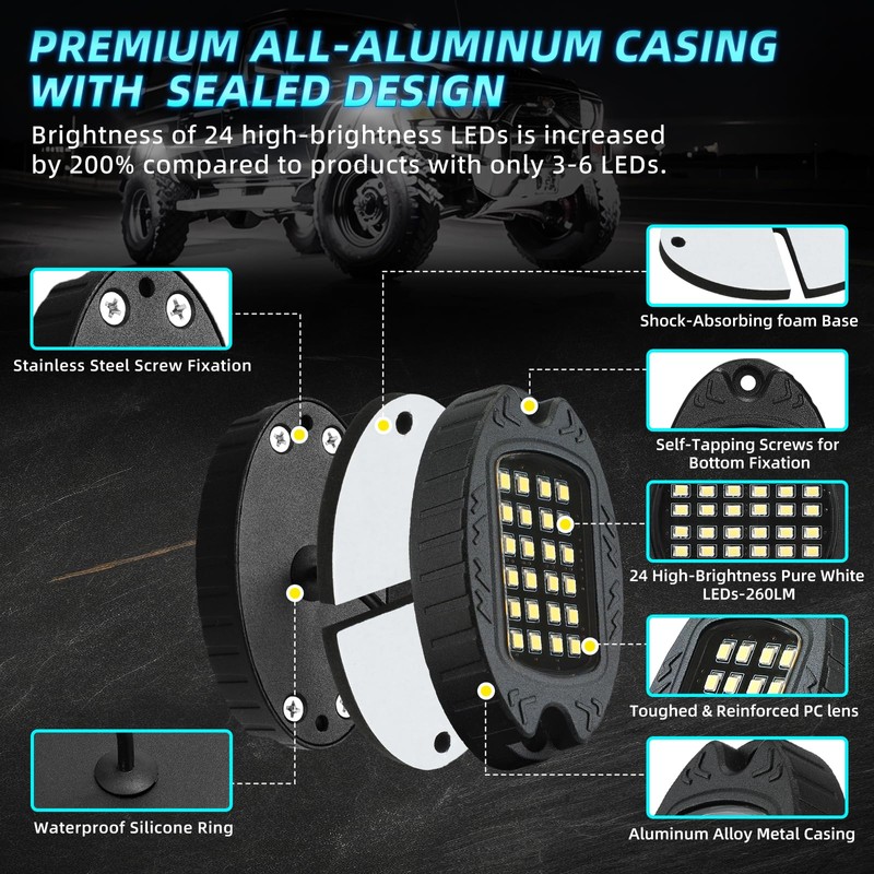12Pods Metal All Pure White LED Rock Lights Full Kit