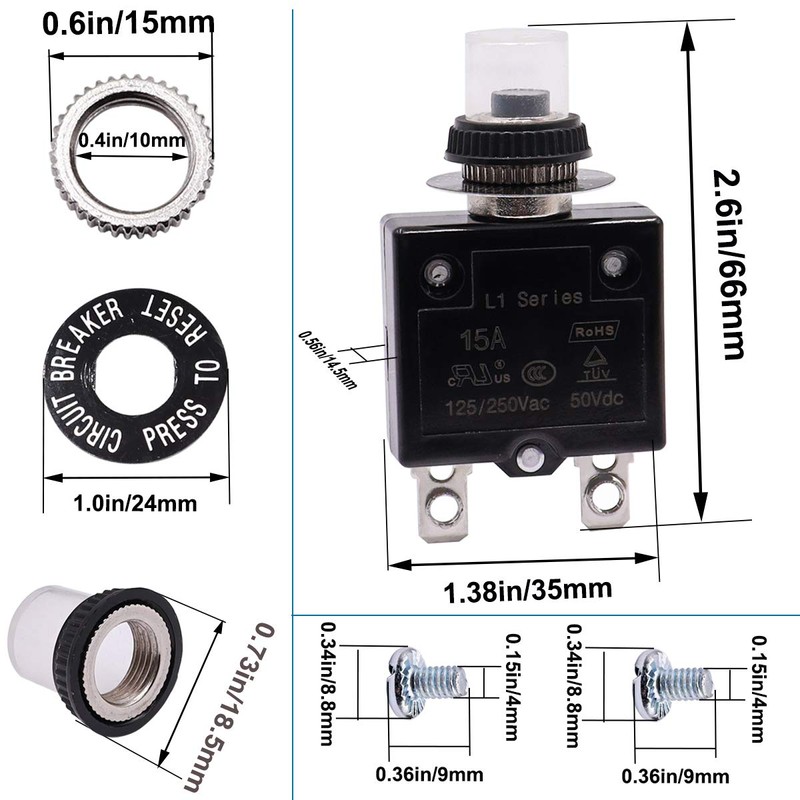 mxuteuk 2Pcs 20Amp Circuit Breakers Push Button Manual Reset 125/250V