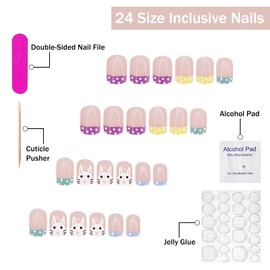 Easter Press on Nails Short Square SWEKKE French Tip Fake Nails Cute False Nails with Designs Polka Dots Bunny Colorful Full Cover Glossy Glue on Nails Spring Acrylic Nails for Women Girls 24 Pcs