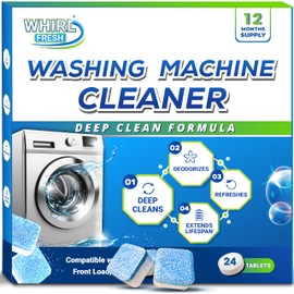 Whirl Fresh Washing Machine Cleaner Tablets, 24 Pack–Deep Cleaning Tablets for Top & Front Load HE Washer Cleaners, Descaler & Deodorizer, Septic Safe, Cleans Drum, Tub, Seal & All Internal Parts
