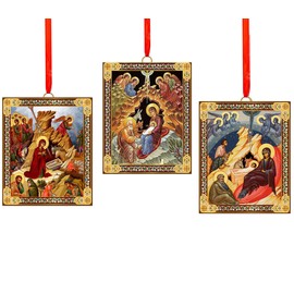 Nativity Scenes Christmas Ornaments Decorations Wooden 2 Sided Orthodox Icon Gold Foil 3 1/16 Inch, Christmas Religious Gifts, Nativity of Jesus Christ Byzantine, Set of 3