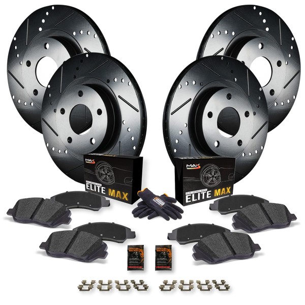 Max Advanced Brakes Elite XDS Front + Rear Cross-Drill & Slots Rotors with Elite Max Brake Pads KT034483