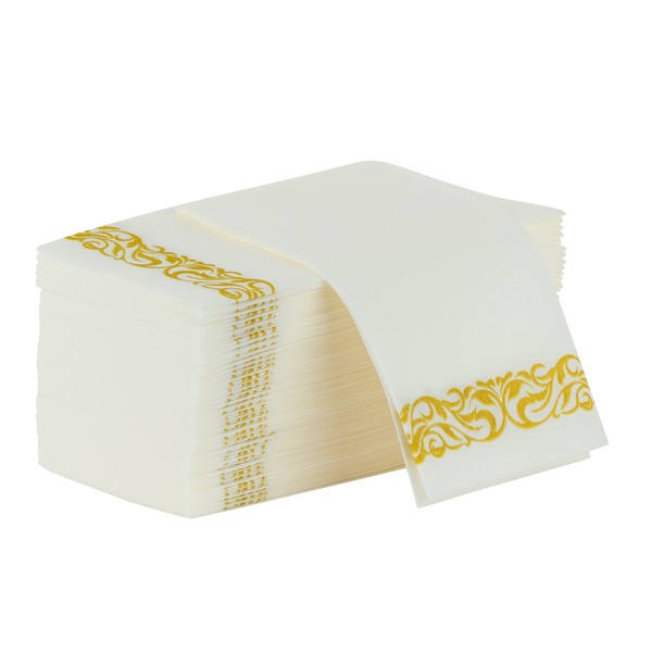 Party Bargains Disposable Linen-Feel Guest Towels, 50 Pack, 13" x 16" White with Gold Lace Print, Soft Paper Hand Towels for Weddings, Cocktail Party, Decorative Fold Dinner Napkins
