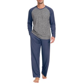 PrinStory Mens Pajama Set Sleepwear Pjs Long Sleeve Top and Pants Sleep Sets Navy Blue