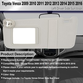 CRAZYPARTS Left Driver Side Sun Visor Compatible with Toyota Venza 2009-2016 Sun Shade Replacement 743200T021B1 Color: Gray