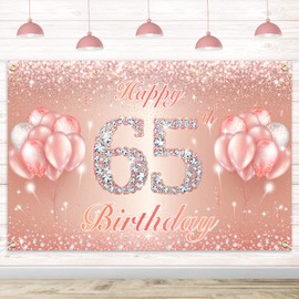 Happy 65th Birthday Banner Backdrop - 65 Birthday Party Decorations Supplies for Women or Men - Rose Gold 4 x 6ft